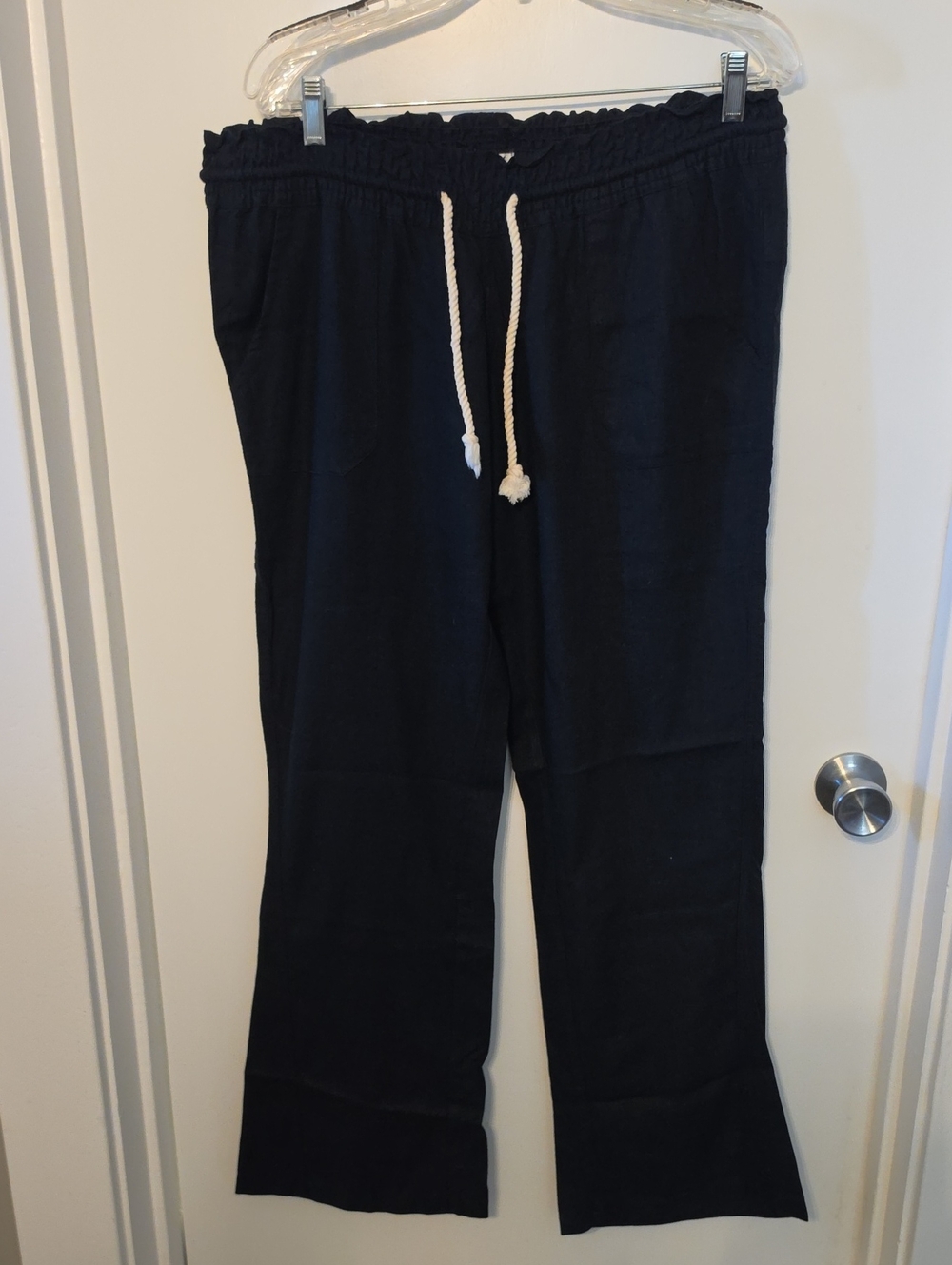 Roxy Navy Linen Boot-Cut Drawstring Pants with Cream Cord